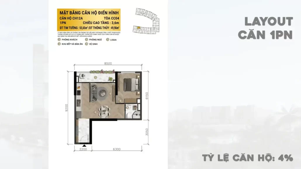 Mặt bằng căn hộ điển hình 1PN CH12A, tòa CC04